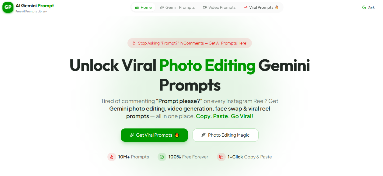 AI Gemini Prompt website homepage - free viral photo editing Gemini prompts collection